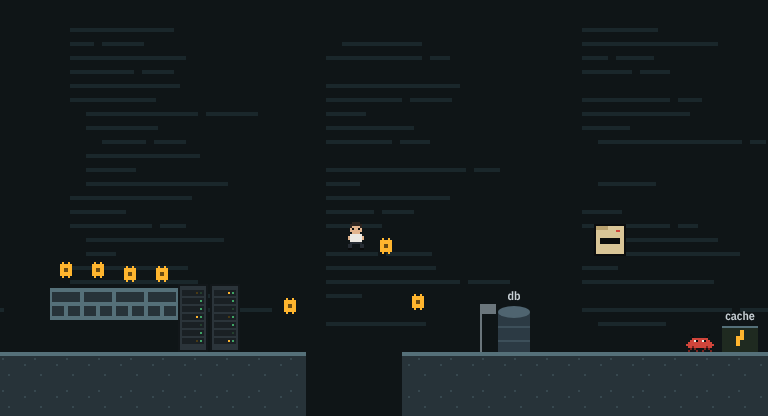 Pixel-art preview of the game: an agent in a long coat runs past office towers, collecting amber chips.